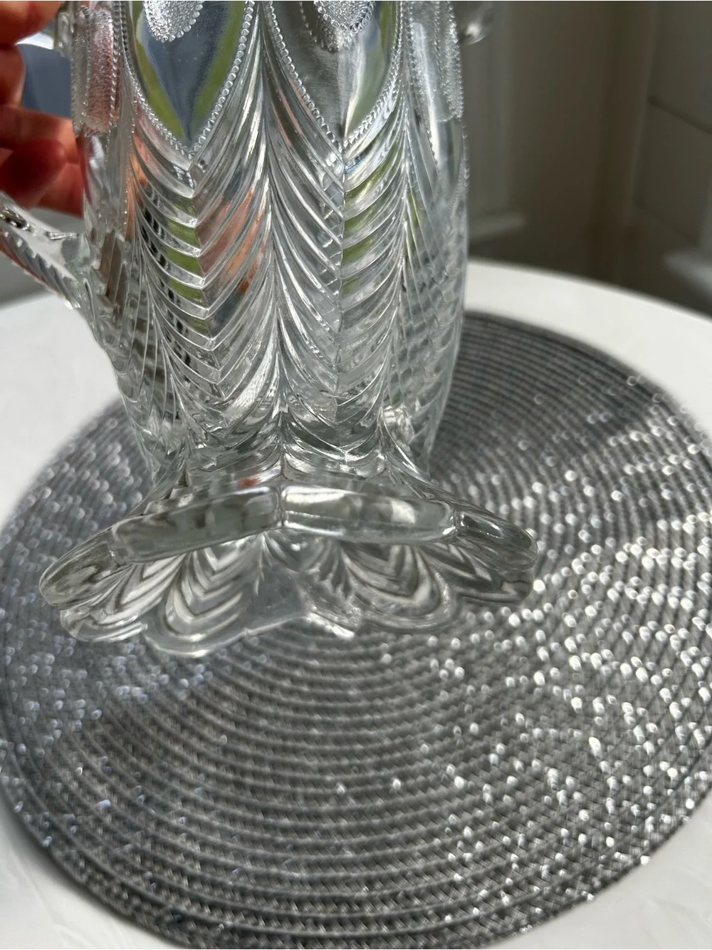 US Timeless Decor Glass EAPG Peacock Feather Pattern Clear Water Pitcher Vase